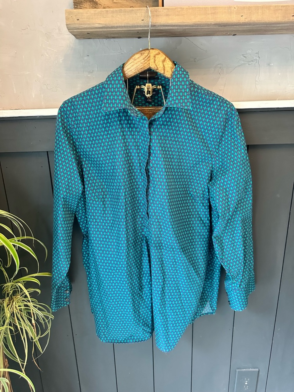 Lands End Plus Size Green Blue Teal Patterned Button-Up Blouse size 16W